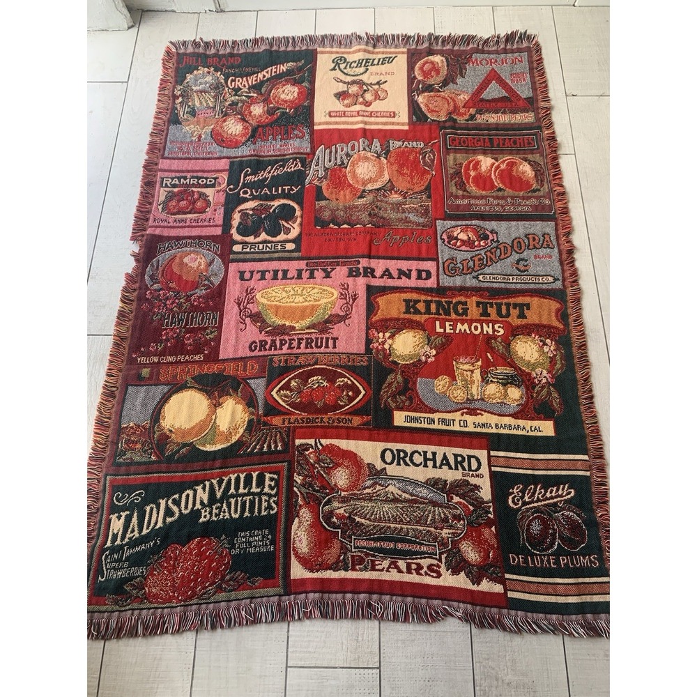 Goodwin Weavers Tapestry Throw Blanket Fruit Labels 49" x 69" Cotton USA Vtg